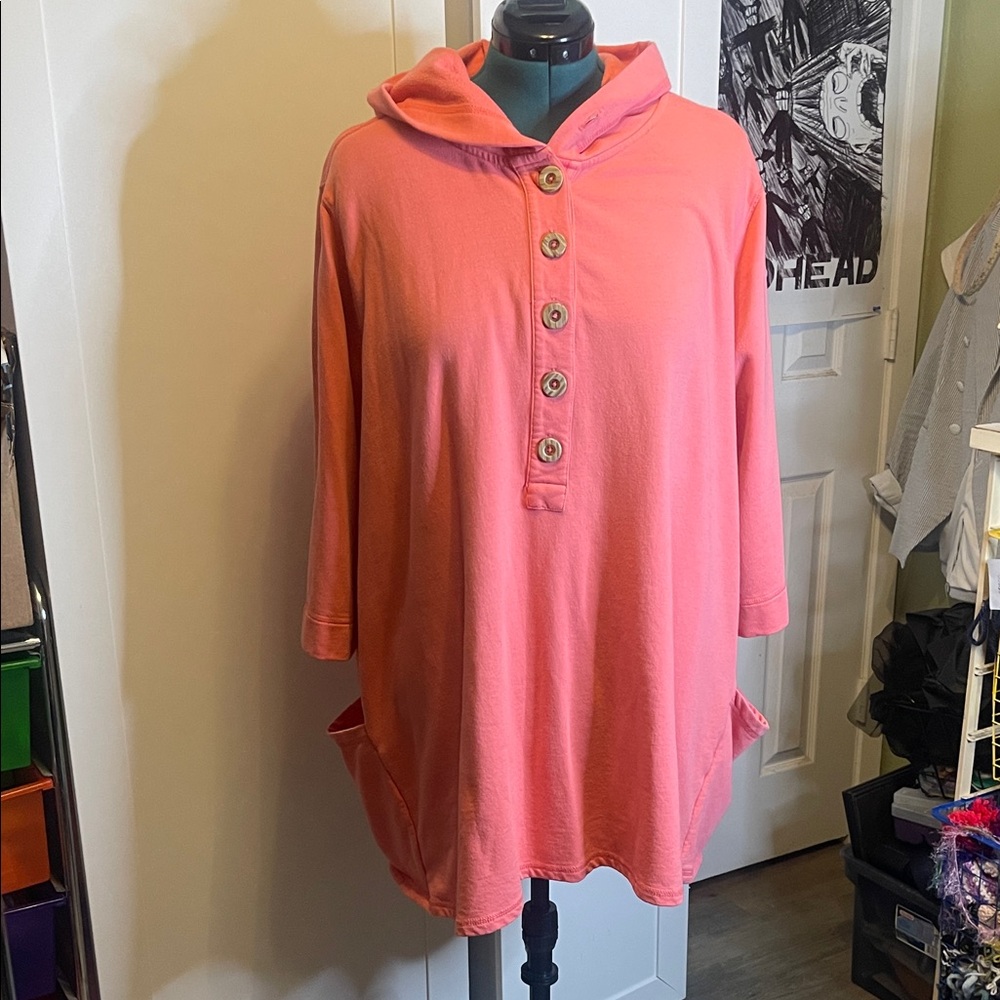 Susan Graver Coral Hooded Sweatshirt with button plus size 3X